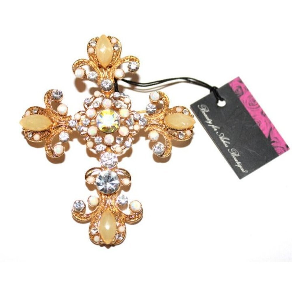 2 1/4" x 2 5/8" Large Aurora Borealis Tan Crystal Ornate Gold Tone Cross Pendant